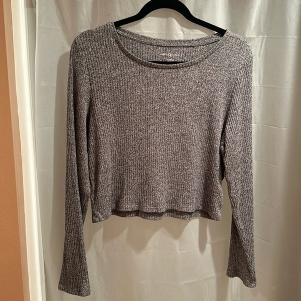 American Eagle Women’s Grayish Purple Ribbed Long Sleeved Shirt Cropped Size XL